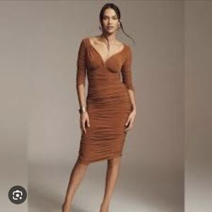 Norma Kamali | Tara Long-Sleeve Deep-V Ruched Stretch Jersey Midi Dress Bronze M